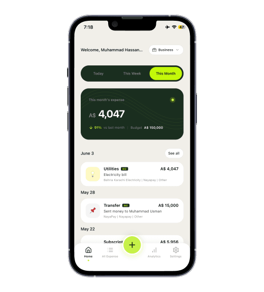 TrackFi business expense tracker app showing monthly spending and transactions