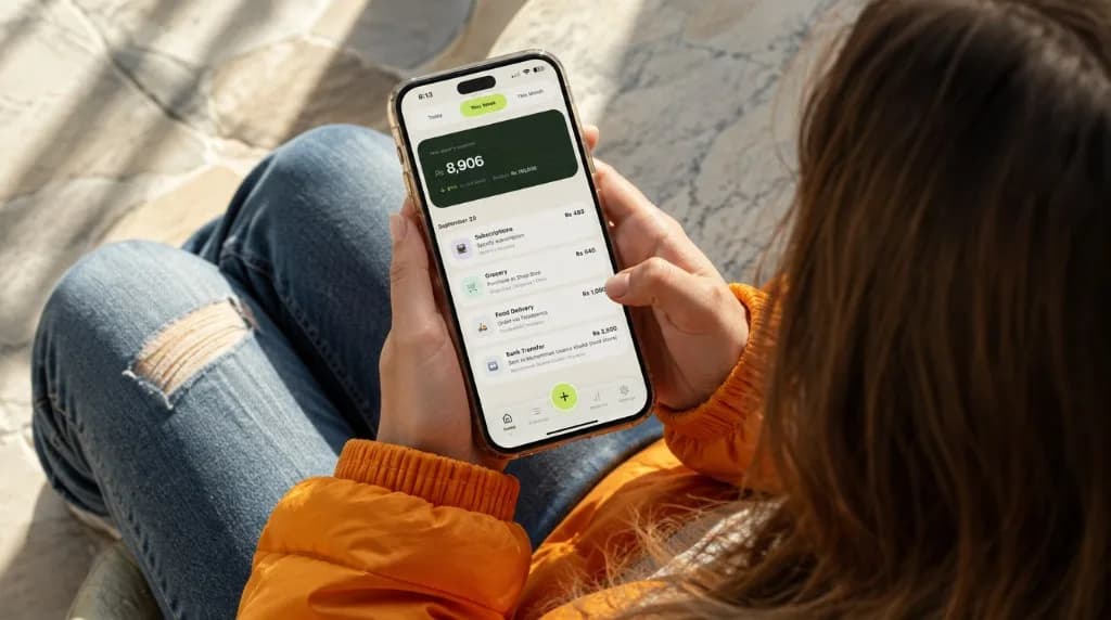 Person using TrackFi on their phone to review weekly expenses