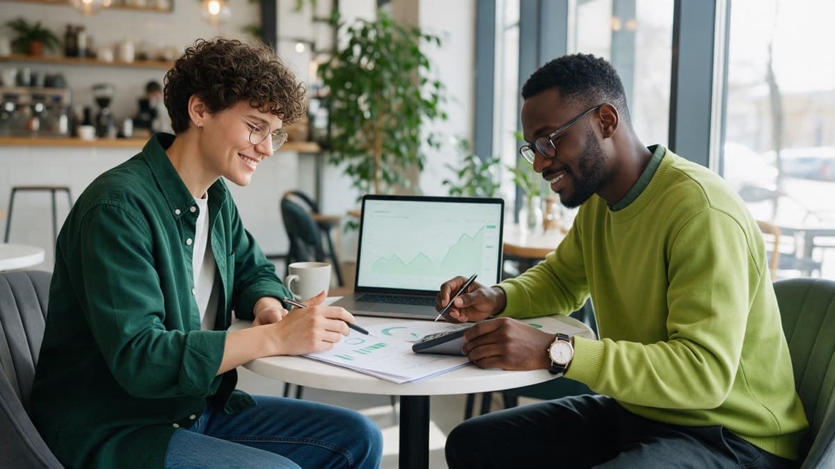 Freelancers reviewing business expenses together on a laptop