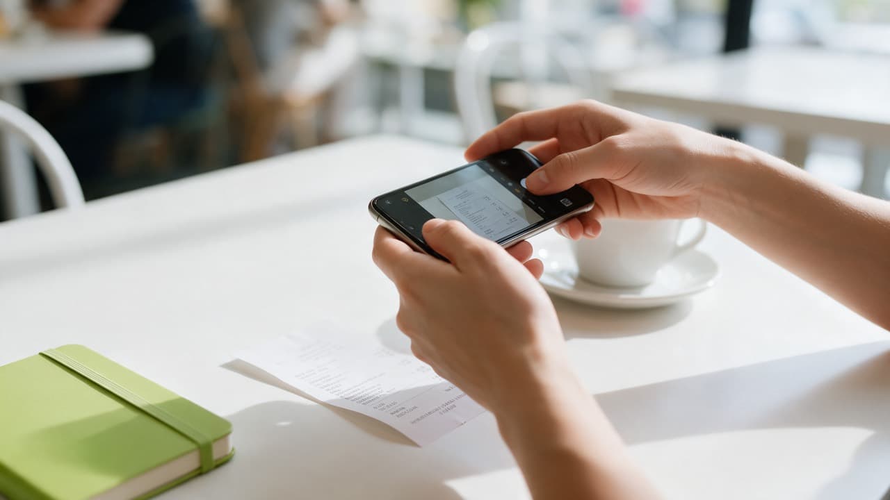 Hands photographing a paper receipt with a smartphone