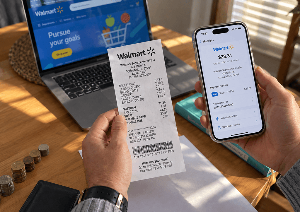 Scanning a Walmart receipt into TrackFi on a phone