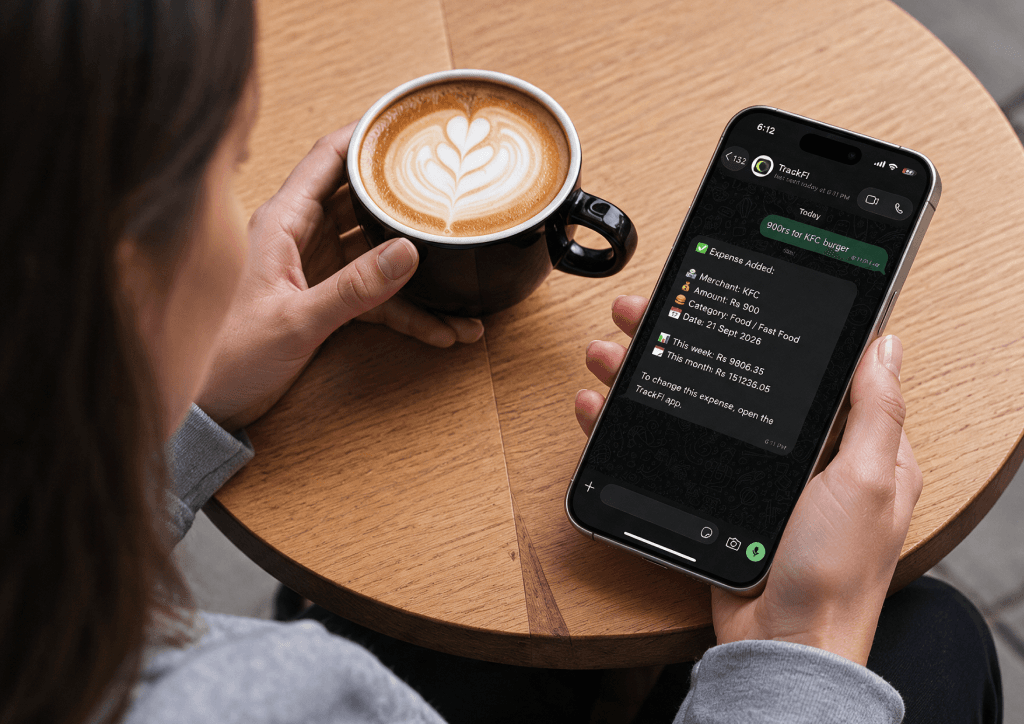 Logging a KFC expense to TrackFi through WhatsApp