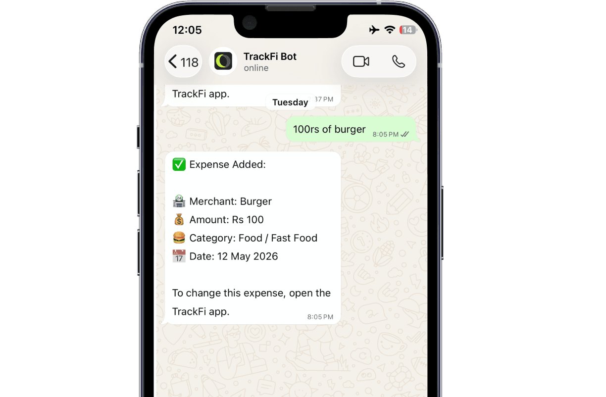 TrackFi WhatsApp expense bot logging a burger purchase via chat
