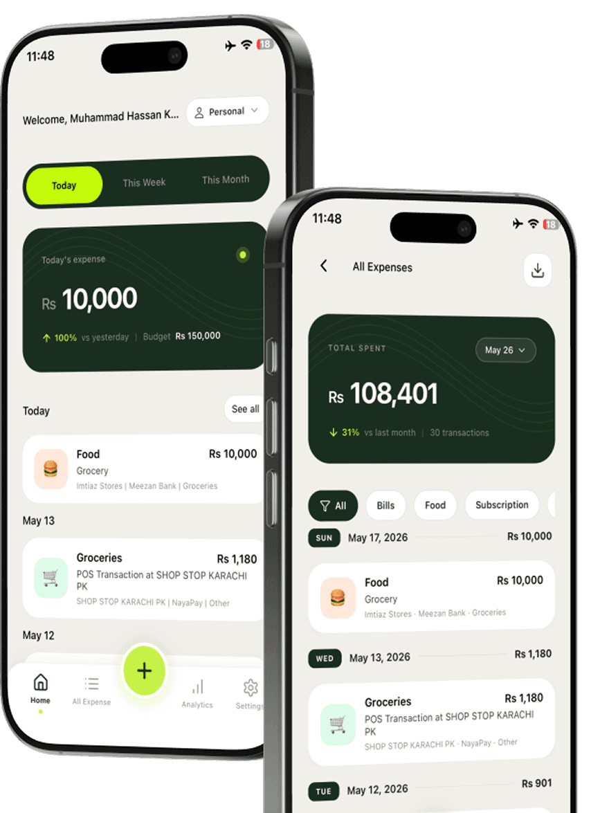 TrackFi expense tracker app showing business and personal spending dashboard