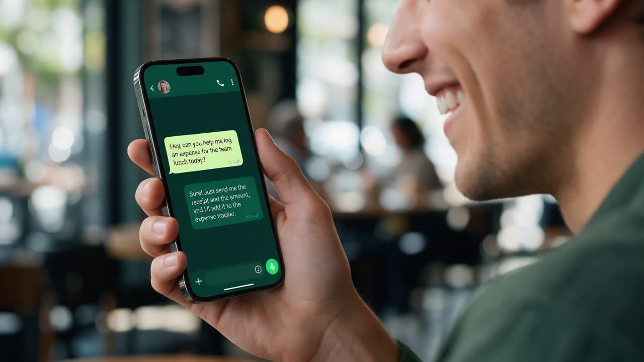 Person using WhatsApp on a phone to log an expense
