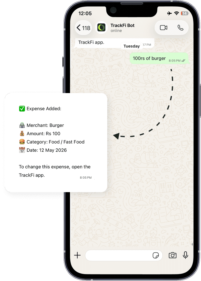 TrackFi WhatsApp bot logging a burger expense from a text message